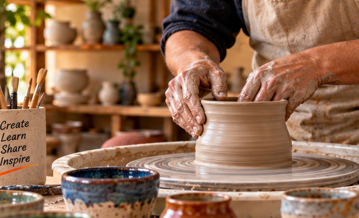 Potter shaping clay on a wheel in a warm ceramics studio
